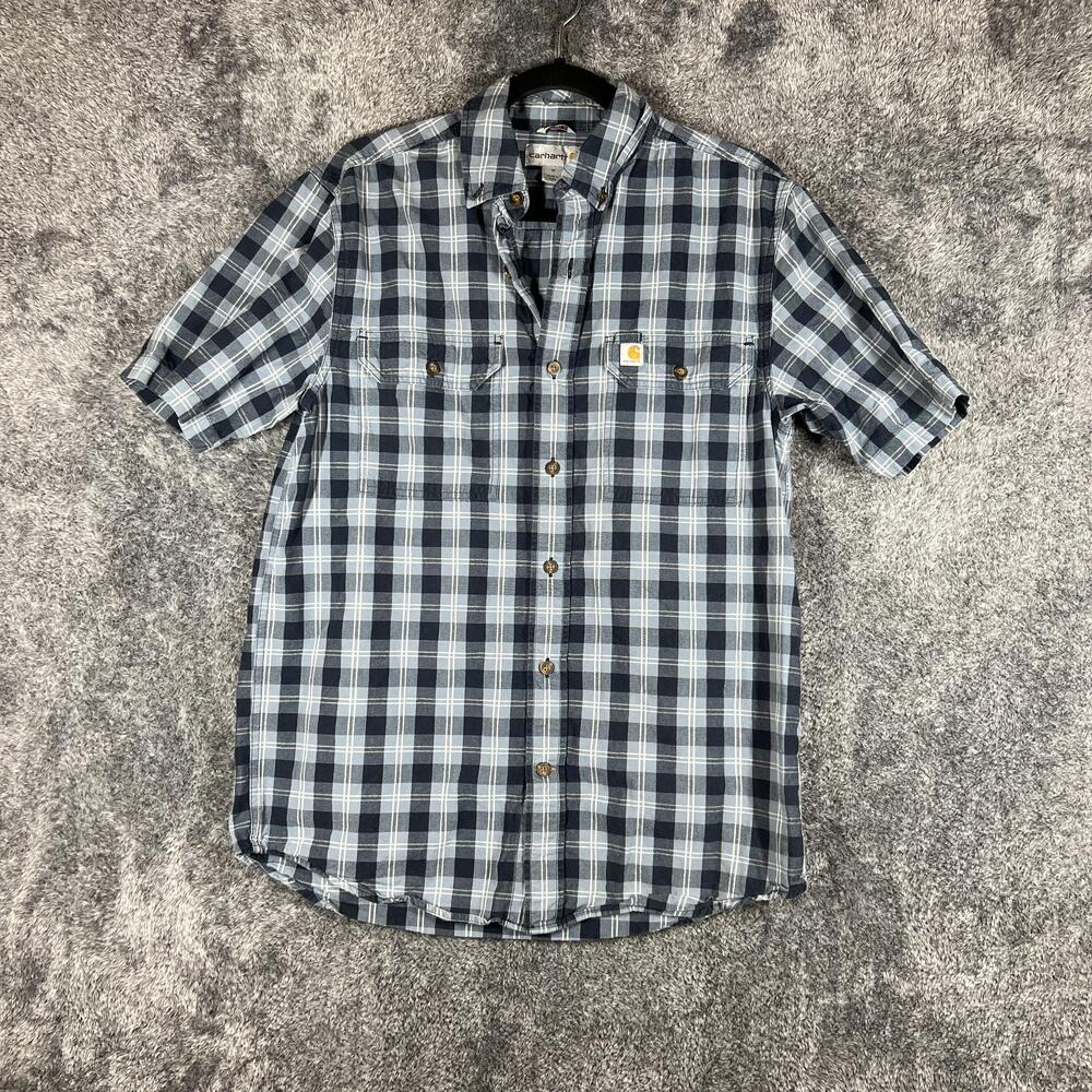 Carhartt Shirt Mens M Blue Plaid Button Up Short Sleeve Relaxed Fit Pockets